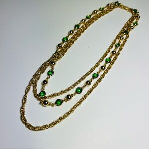 Vintage Triple-strand Graduated Gold-Tone Chain Necklace Green Stones